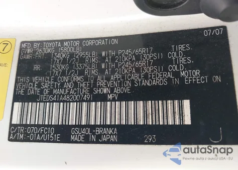 2008 Toyota Highlander из США, поврежденный, VIN JTEDS41A482007491